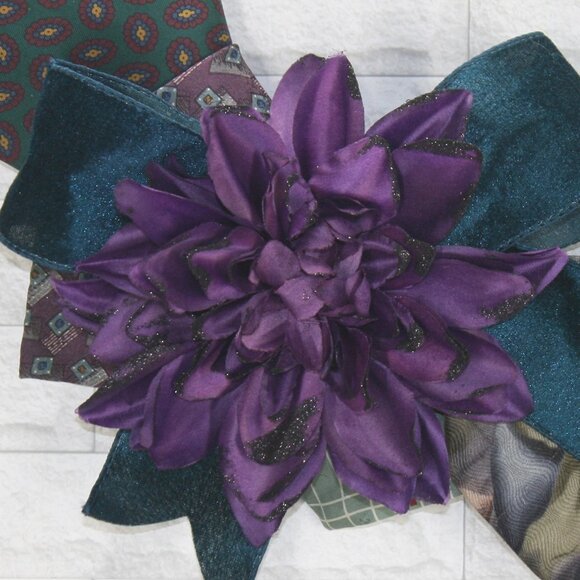 HAND CRAFTED Wreath Christmas Upcycled Necktie Teal Purple Decor Holiday Season - Picture 3 of 11